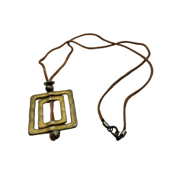 Handcrafted Brass Geometric Pendant Necklace With Adjustable Brown Leather Cord - Picture 4 of 5